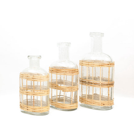 Recycled hand-blown glass with natural wicker, woven around shown in three available sizes