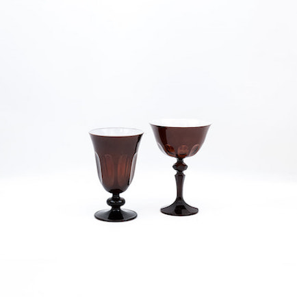 Set of two, Italian inspired, sleek glassware, in dark red. These glasses are dishwasher safe.